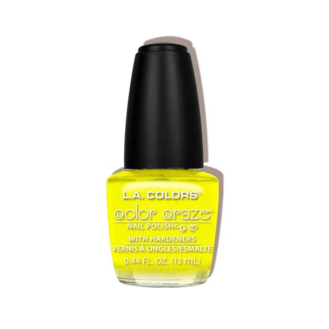 COLOR CRAZE NAIL POLISH - HYSTERIA, a vivid yellow nail polish bottle with a black cap from L.A. COLORS, containing 13 ml of polish infused with hardeners for nail strength and durability, displayed on a white background, suitable for brightening nails with long-lasting color.