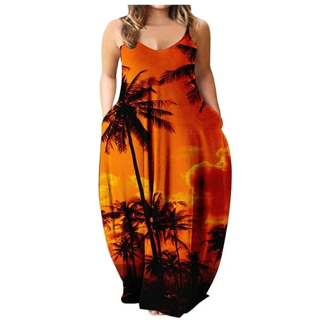 Robe Longue d'Été pour Femme à Col Rond, Imprimée, Sans Manches, Grande Taille, à Enfiler, à Bretelles Spaghetti, Longue Robe Maxi avec Poches