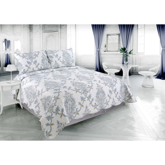 Marina Decoration Rich Printed Stitching Coverlet Bedspread Ultra Soft Bedding Summer Quilt Set with Quilted Sham, Classic Blue Yellow Paisley Pattern
