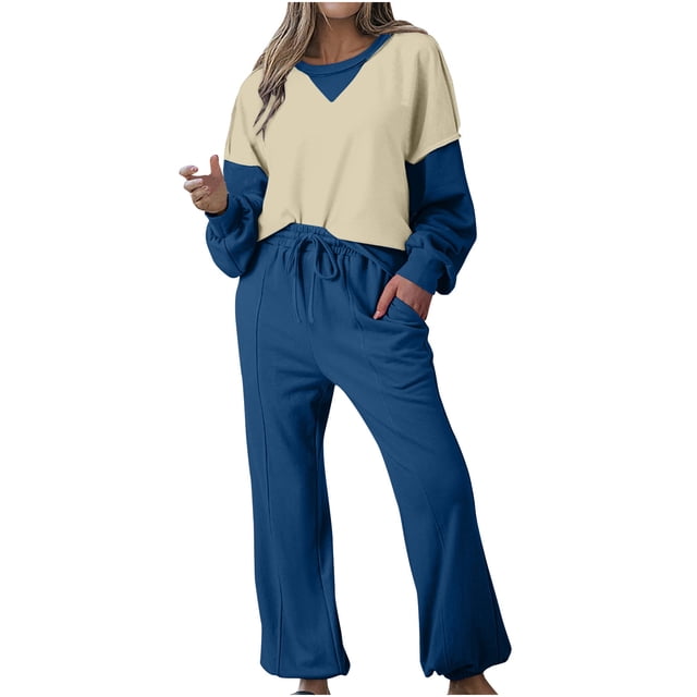 Posijego Survêtement pour Femmes 2 Pcs à Blocs de Couleur, Chandail à Col Rond, Chandails Molletonnés, Pantalons, Tenue de Détente, Ensemble de Sport