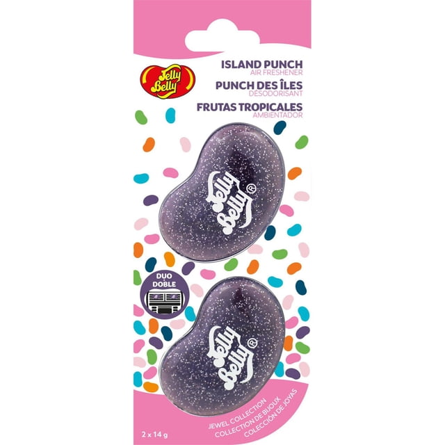 Jelly Belly Vent Clip Auto Air Freshener - Island Punch, 2 Pack with two dark purple bean-shaped air fresheners featuring white speckles and Jelly Belly logo, designed to hang on car vents, shown on a white card with colorful jelly bean graphics and product details in English, French, and Spanish.
