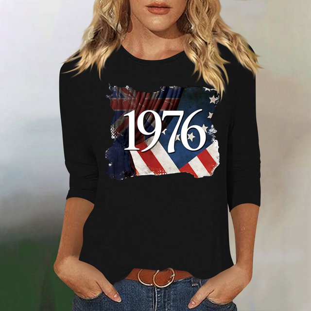 Uootdi Hauts pour Femmes Manches 3/4 Col Rond Imprimé Drapeau 1996 Coupe Décontractée Tenues Patriotiques du 4 Juillet Cadeau