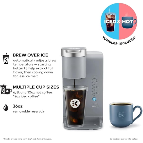 K-Iced Essentials Cafetière, Cafetière à Portion Individuelle pour Dosettes KCup avec Réservoir Amovible et Arrêt Automatique, Écoénergétique, Comprend un Gobelet K-Iced, Compacte, Gris Arctique