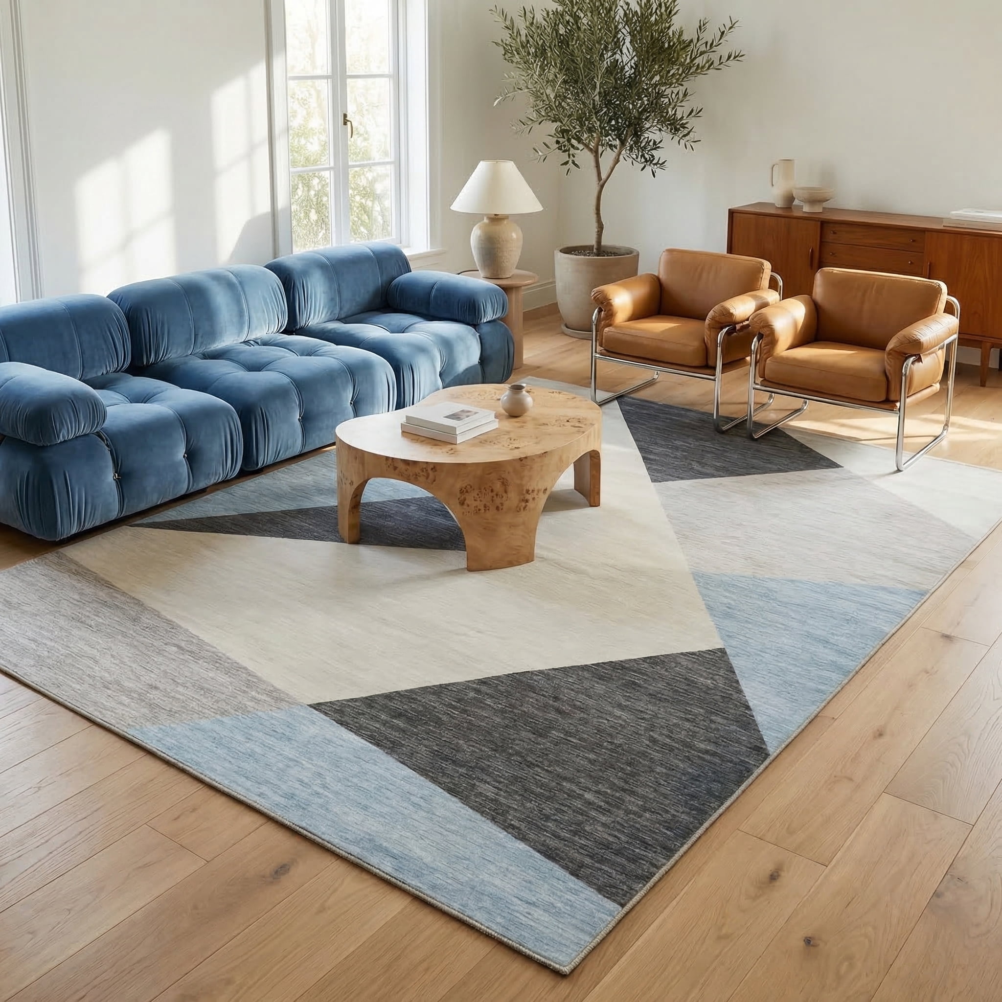 Tapis d'interieur moderne du milieu du siecle Rug Branch Eclipse, bleu gris, abstrait - Salon, chambre, salle a manger et bureau