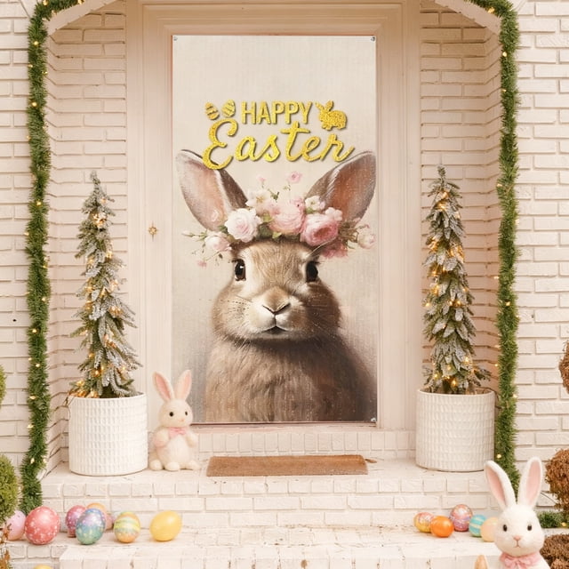 Fasiaou Rideau de Porte de Pâques 71x35 Po, Décoration Suspendue Imprimée Lapin et Œuf Colorés pour Porte d'Entrée, Fête, Vacances de Printemps, Décoration Intérieure Extérieure, Tissu Polyester