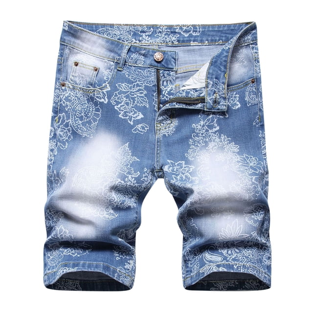 Meichang Men's Ripped Trunks Stretchy Distressed Denim Shorts Big and Tall Straight Leg Classic Jean Trunks Slim Fit Stretchy Zipper Denim Shorts with Pockets