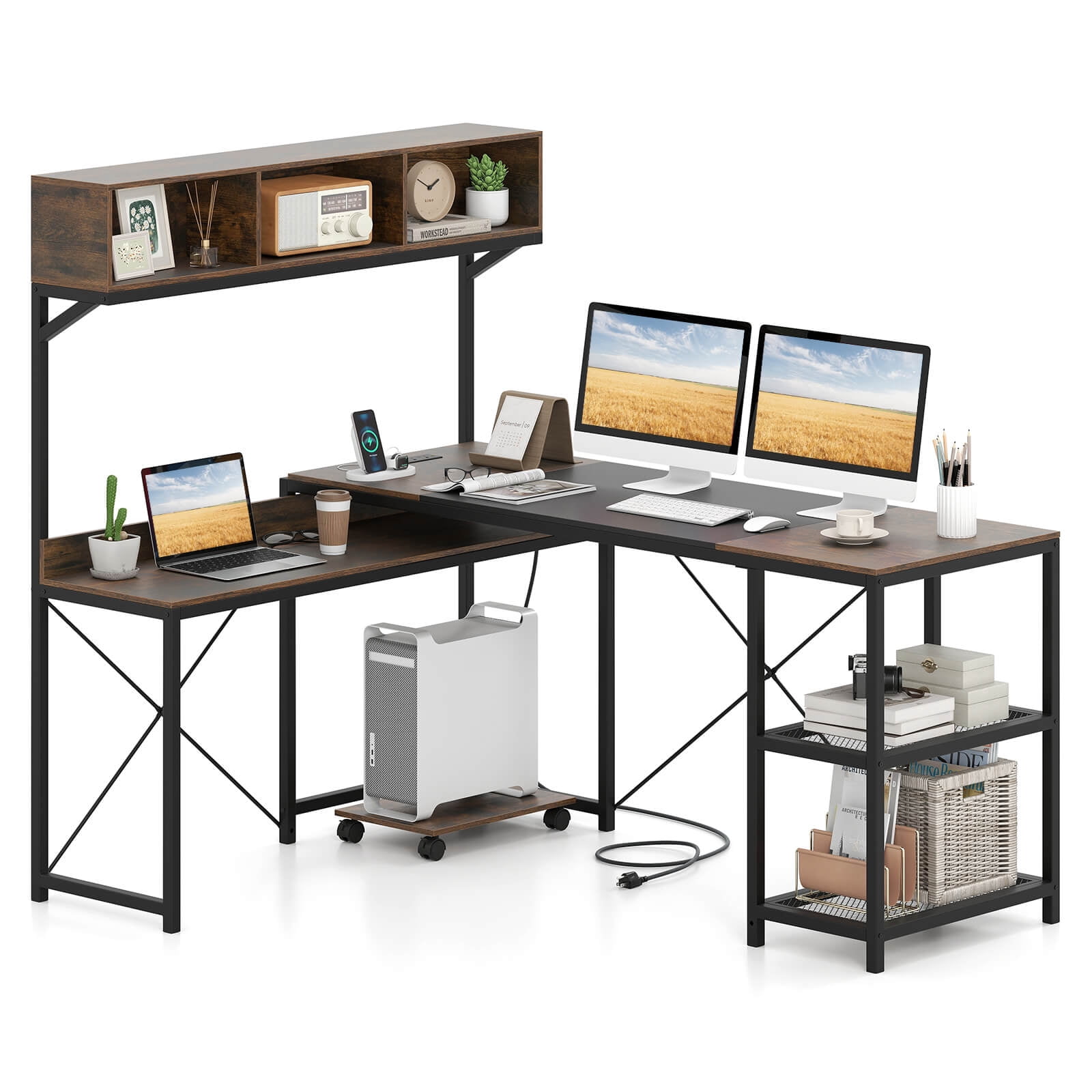 Costway L-Shaped Computer Desk with Power Outlets, 62" Corner Desk with Storage Hutch
