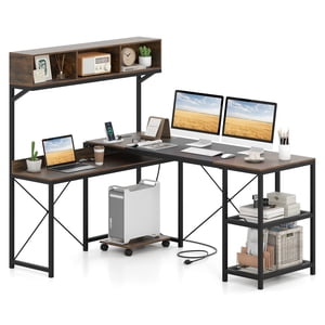 Costway L-Shaped Bureau d'ordinateur avec sorties d'alimentation, 62" Bureau d'angle avec rangement Hutch