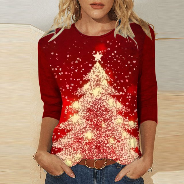 Meichang Hauts à Manches 3/4 pour Femmes, T-Shirts Graphiques Arbre de Noël, Col Rond Décontracté, Pull Ample, Offres de Liquidation 2024