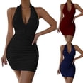 thumbnail image 2 of LYMAYTER ‌Women's Halter Bodycon Mini Dress V-Neck Backless Ruched Detail Dresses S-XL, 2 of 10