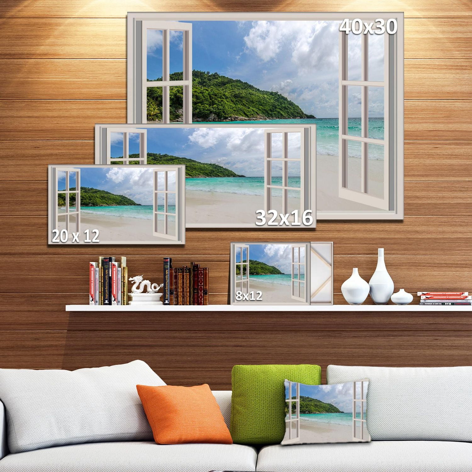 Designart Fenêtre ouverte sur le bord de mer calme Art mural sur toile