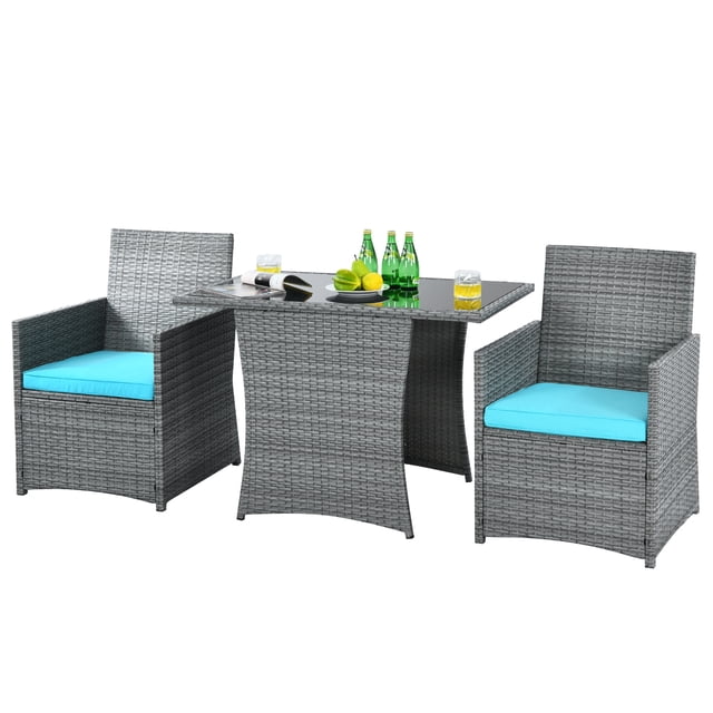 Patiojoy 3PCS Patio Rattan Furniture Set featuring a mixed gray rattan design with turquoise cushions. Includes two chairs with slightly sloping backrests and a square coffee table with a tempered glass top. Made of durable steel and PE rattan, this set is weather-resistant and suitable for outdoor spaces like patios, gardens, and balconies. The table provides ample space for drinks and snacks, while the cushions are thick, breathable, and easy to clean with a zipper design. Non-slip feet pads ensure stability and floor protection.