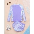 thumbnail image 4 of Jizyo Kids Girls 2Pcs Rash Guard Long Sleeve Zipper Wave Striped Printed Swim Top with Shorts Bathing Suit Lavender 8Y, 4 of 7