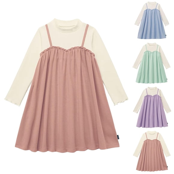 NJDVHB Winter Dresses for Toddler,Toddler Girl Princess Dress,Girls Party Dress,Girls Solid Crewneck Long Sleeved Dress Fake Two Casual Loose Dresses,Purple,110