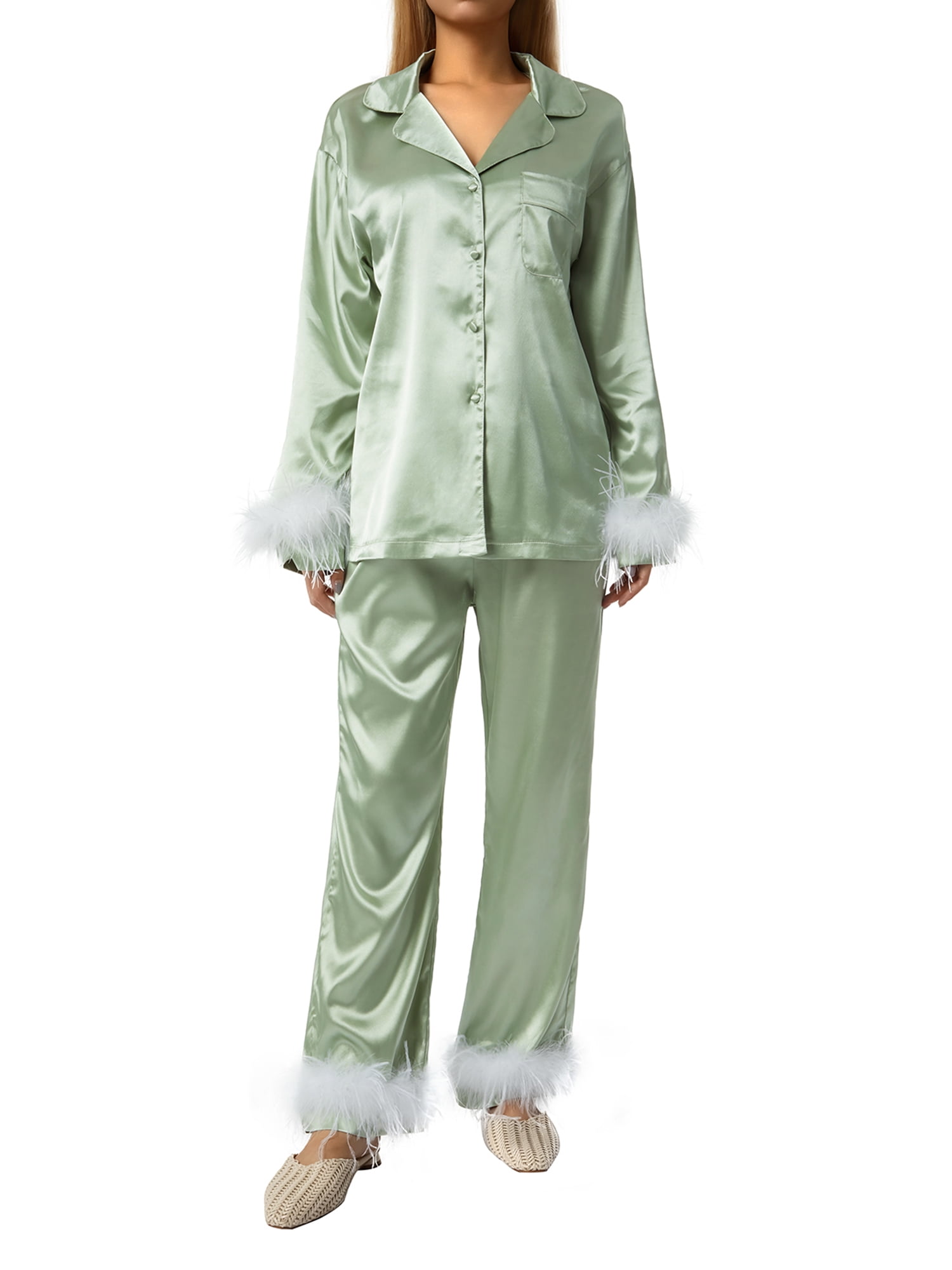 Fortune Women Pajamas Set, Feather Trim Long Sleeve Button-Down Lapel Tops + Pants