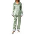thumbnail image 1 of Fortune Women Pajamas Set, Feather Trim Long Sleeve Button-Down Lapel Tops + Pants, 1 of 9