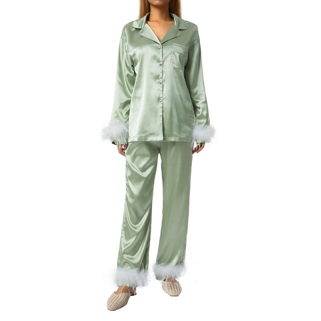 Fortune Women Pajamas Set, Feather Trim Long Sleeve Button-Down Lapel Tops + Pants