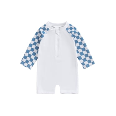 Gupgi Long Sleeve Swimsuit for Toddler Baby Boy Rash Guard Kids Checkered Patchwork Swimwear One Piece Zipper Bathing Suit Beachwear
