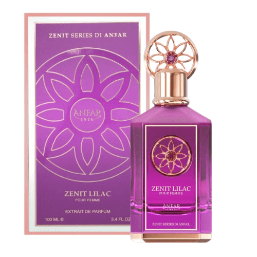Anfar Zenit Lilac Extrait De Parfum For Her 100 ml / 3.4 Fl. oz. perfume bottle displayed alongside its packaging. The bottle features a vibrant purple design with gold accents, including a decorative floral emblem on the cap and label. The packaging mirrors the bottle's design with matching purple and gold tones, showcasing the Zenit Lilac branding.