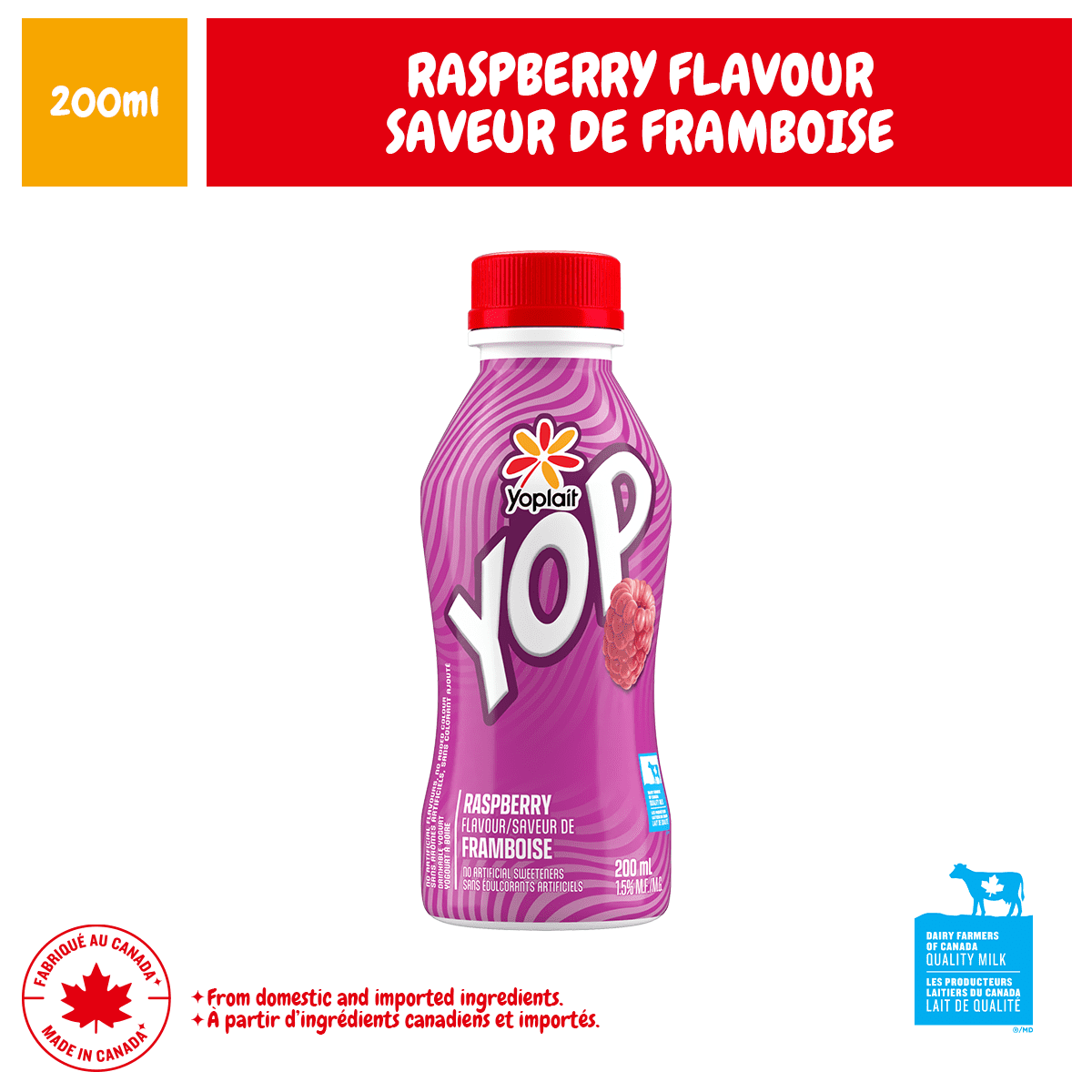 Yoplait Yop 1% Drinkable Yogurt, Raspberry, Kids Snack, 200ml