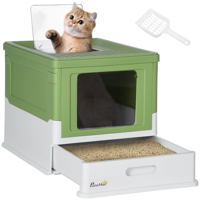 PawHut Bac à Litière pour Chat Fermé avec Pelle, Plateau et Entrée par le Haut en Vert Foncé. Ce Bac à Litière pour Chat Sans Dégâts Présente une Conception Entièrement Fermée avec un Plateau Coulissant pour un Nettoyage Facile, un Couvercle à Entrée par le Haut et une Pelle à Litière. Convient aux Chats de Moins de 11 lb Dimensions : 18.7 Pouces L x 14 Pouces L x 14.4 Pouces H.