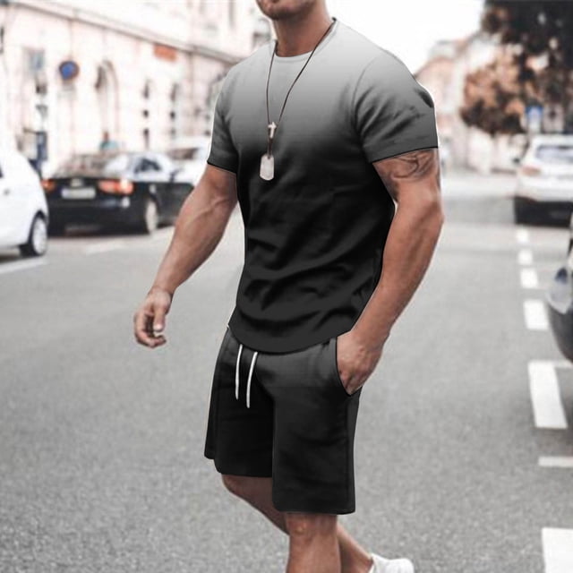 NTACZA Shorts Set Men Short Sleeve Athletic Shirt Tracksuits Men's Gradient Crew Neck Sweatsuits L