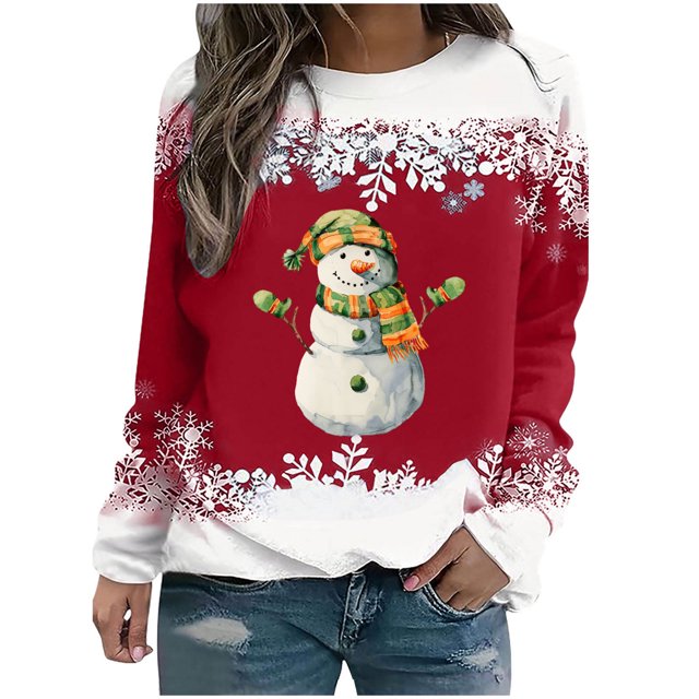 Rbaofujie Chandails pour Filles Noël Femmes Mode Décontractée Imprimé Col Rond Ample Manches Longues Hauts Blouse Chandails à Capuchon Rouges pour Femmes Tendance