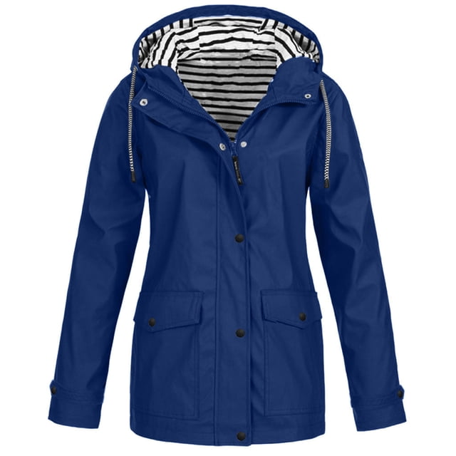 Women Casaul Solid Jackets Outdoor Plus Size Drawstring Zipper Hooded Raincoat Windproof Tops Coat with Pocket