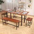 thumbnail image 4 of Gymax 5 PCS Dining Table Set for 4-6 w/ 2 Benches & 2 Stools Metal Frame Dining Room Walnut, 4 of 10