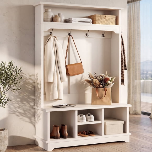 OMCMUU Arbre d'Entrée de 66,9 Pouces avec Rangement pour Chaussures, Portemanteau Autoportant avec 5 Crochets et 4 Casiers, Banc d'Entrée pour Chambre et Salon (Blanc)