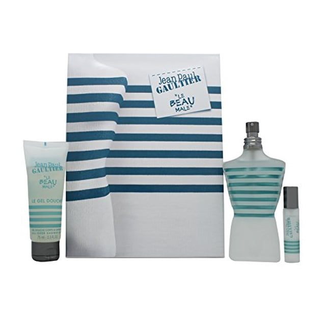 Jean Paul Gaultter Le Beau Male Giftset For Him 120mL, a multicolour men's fragrance set. Includes a striped cologne bottle, a matching travel spray, and a shower gel, all in a stylish striped gift box. Perfect as a cologne gift set for men or personal use.
