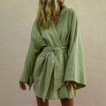 thumbnail image 1 of V-Neck Kimono Cardigan Mini Dress: Cotton Linen, Long Sleeve, Lace Up Robe Style for Summer - L / Green, 1 of 6