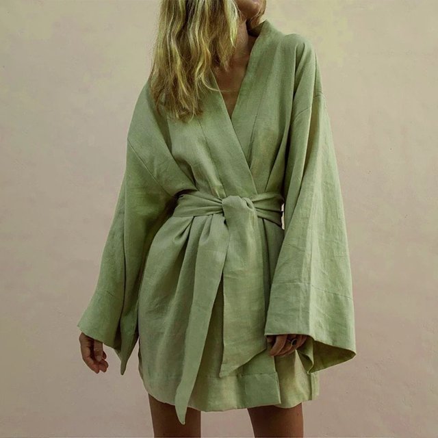 V-Neck Kimono Cardigan Mini Dress: Cotton Linen, Long Sleeve, Lace Up Robe Style for Summer - L / Green