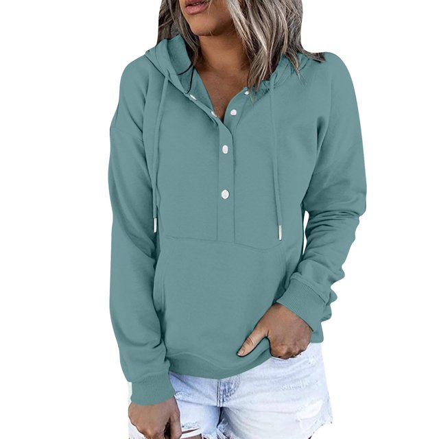 Timegard Chandails à Capuchon pour Femmes, Boutons, Manches Longues, Chandails Molletonnés, Chandail à Enfiler, Automne Hiver, Haut Ample avec Poche