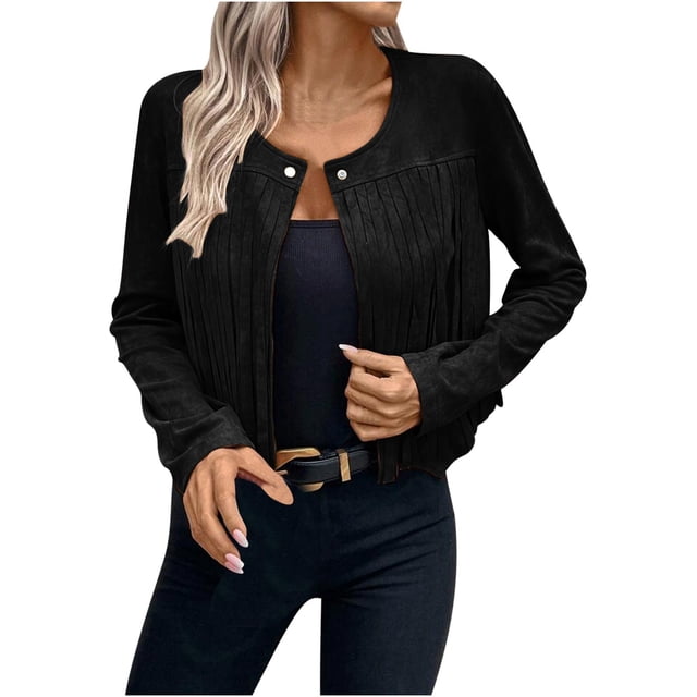 LOVZFMLL Cardigan for Women's Temperament Leather Velvet Tassel Trim Button Placket Jacket Solid Color Long Sleeved Tassel Jacket Cardigan