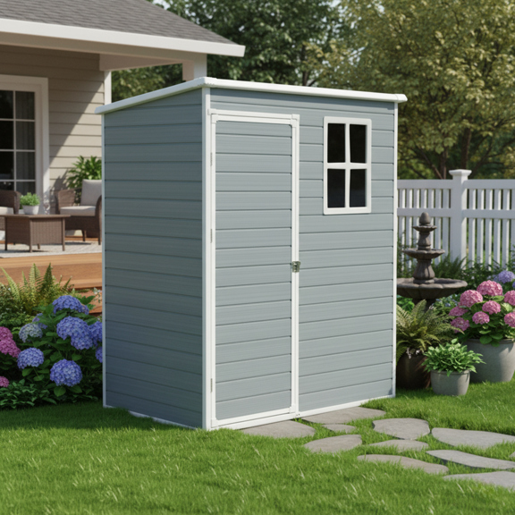Homy Casa Outdoor Storage Shed Resin Garden Shed with Window, Lockable Door, Grey