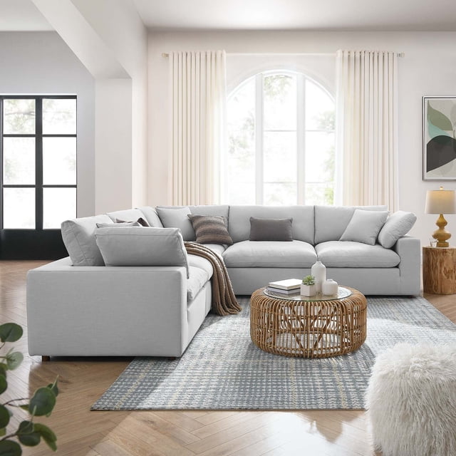 Modway Commix 5 Piece Down Filled Overstuffed Sectional Sofa in Light Gray