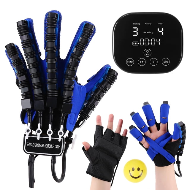 Gant Robot de Réadaptation pour Hémiplégie d'AVC Doigt Main Équipement de Récupération d'AVC par Tairibousy, Doté d'Un Gant Robotique Bleu avec des supports de Doigt Flexibles Noirs, Conçu pour une Utilisation sur la Main Gauche Ou Droite. Comprend un Contrôleur à Écran Tactile LCD Haute Définition avec instructions en Anglais pour une Utilisation Facile. Convient à des conditions comme la Paralysie Cérébrale, les Doigts Rigides et l'Arthrite, avec Fonctions de massage Chauffant et de Thérapie par Miroir. Compact et portable pour une Utilisation