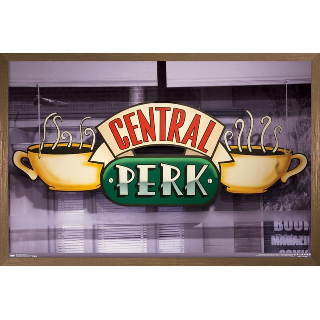 Friends - Affiche Murale Central Perk, 22,375 Po x 34 Po, Mettant en Vedette le logo Central Perk avec Deux Tasses de Café Jaune Vapeur de Chaque Côté, Imprimée sur Papier d'Affiche Lustré avec un Cadre Brun et un Fond à Effet de Fenêtre Discret, Convient à la Déco de la Maison Ou aux Résidences Étudiantes.