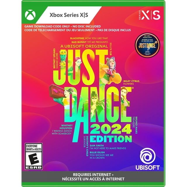 Just Dance® Édition 2024 - Édition Limitée - Code en Boîte pour Xbox Series X/S Présentant un Arrière-Plan Dégradé vibrant avec Grand Texte de Titre Jaune et Vert, Ubisoft et logos Xbox, et des Titres de Chansons d'Artistes Incluant BLACKPINK, Bad Bunny, Miley Cyrus, Whitney Houston et Billie Eilish, Indiquant un Code de Téléchargement de Jeu Numérique Nécessitant une Connexion internet.