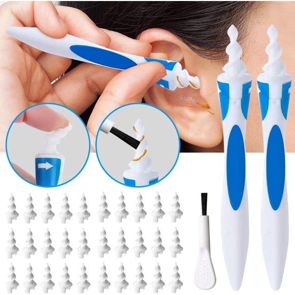 Q-Grips Ear Wax Remover Ear Cleaner Spiral Ear Cleaning Kit Ear Wax Cleaner Spiral Ear Wax Remover Removal Ear Wax Cleaner with 32 Replacement Heads, 2 Soft Handles