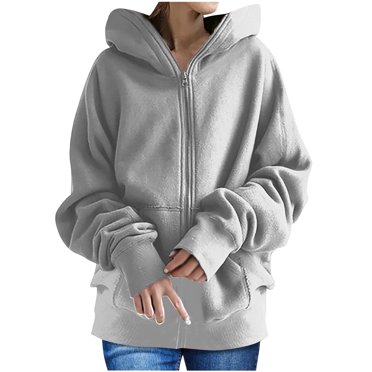 IROINID Women's Zip Up Jacket Long Sleeve Solid Color Hoodie Outwear, Leisure Sweatshirts Long Jacket with Pockets
