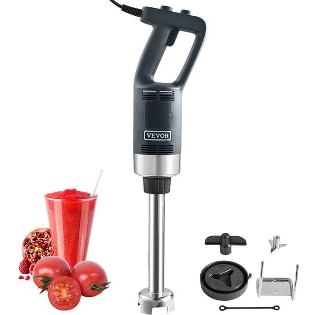 VEVOR Commercial Immersion Blender with a 500-watt motor, featuring a durable stainless steel blade and ergonomic rubber handle. The blender is shown with its detachable components, including a replacement blade head, wall hook, and blade remover. A glass of red smoothie, fresh tomatoes, and pomegranate seeds are displayed, highlighting its multi-purpose use for soups, smoothies, purees, and baby food. The blender has a sleek black and silver design with a wall-mount option for convenient storage.