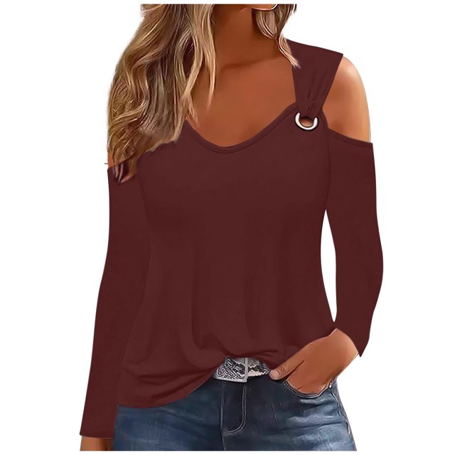 Yuyuzo Womens Tunic Tops Cold Shoulder Long Sleeve Shirts Loose Solid Color Lightweight Tee Tops