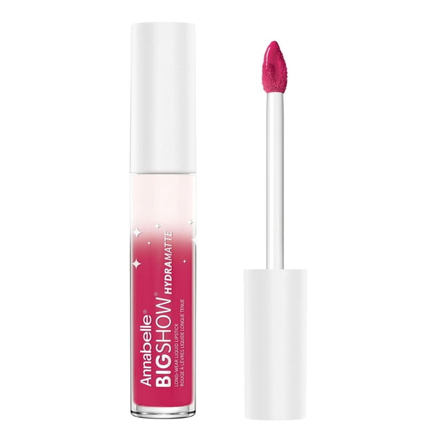 Annabelle Bigshow Hydramatte Liquid Lipstick in bright pink with white cap and doe-foot applicator showing creamy matte formula, designed for long-lasting, hydrating, high-coverage lip colour with a comfortable matte finish.