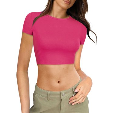Hiiyo Women's Crop Top Short Sleeve Crew Neck T-Shirt Slim Fit Summer Tee, Hot Pink S