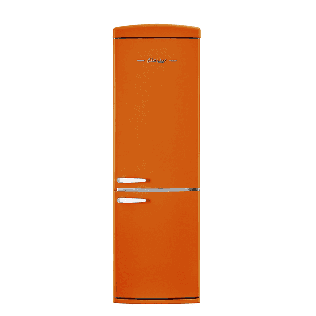 Classic Retro 24 In 12 Cu.ft. Bottom Mount Refrigerator Auto Defrost, Energy Star Certified, Counter Depth with Manual Ice maker. This retro-style refrigerator features a vibrant orange finish with chrome accents and zinc cast handles. It includes a bottom freezer with a mechanical ice maker, adjustable door shelves, a humidity-controlled drawer, and a gallon door bin. ENERGY STAR Certified for efficiency, it offers frost-free operation and premium side lighting with a door alarm.