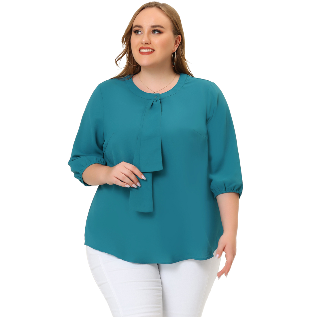 GRACE & GRANDEUR Hauts pour Femmes Grande Taille Travail Col Rond Blouse en Mousseline à Volants Haut de Bureau 2X Bleu Vert