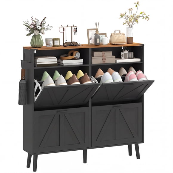 HOMCOM Armoire de Rangement pour Chaussures avec 4 Tiroirs Basculants, Armoire à Chaussures Étroite, Noir