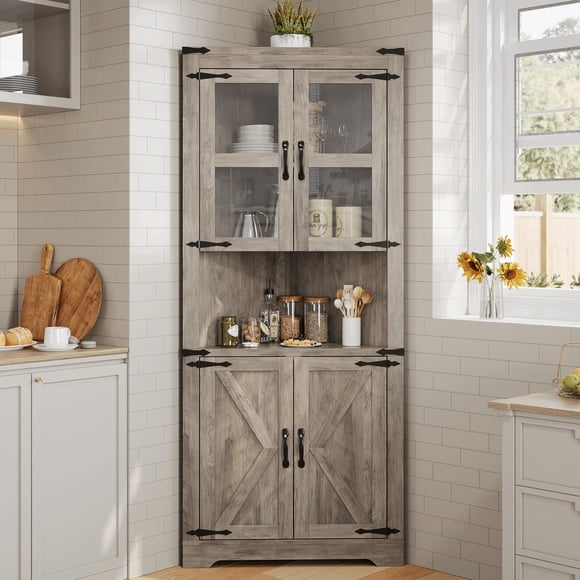 Yiwa Tall Corner Cabinet with Glass or Barn Door, Adjustable Shelves, Freestanding Wooden Storage for Bathroom, Kitchen, or Living Room